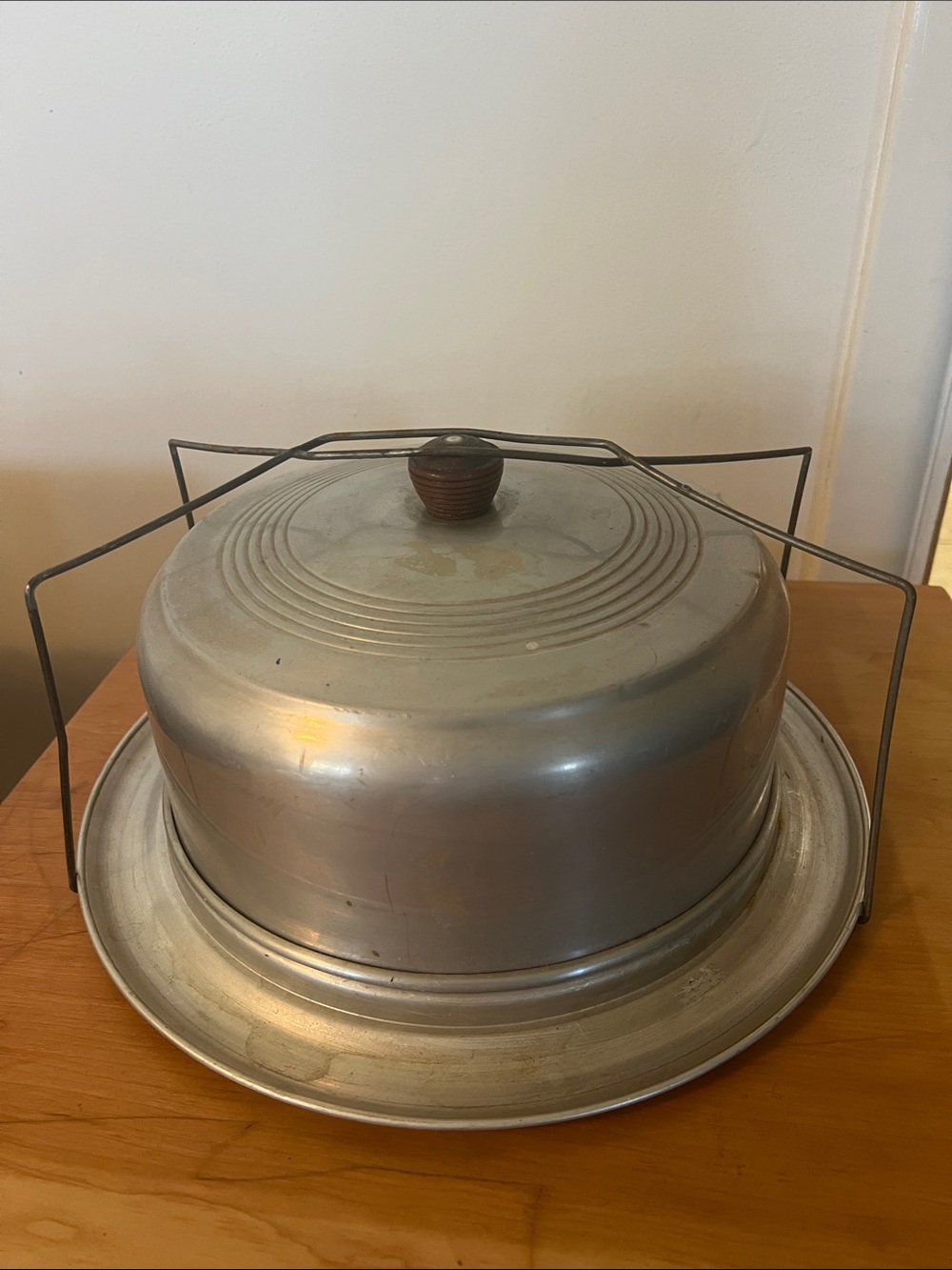 Vintage Aluminum Cake Carrier with Wire Handle - Silver